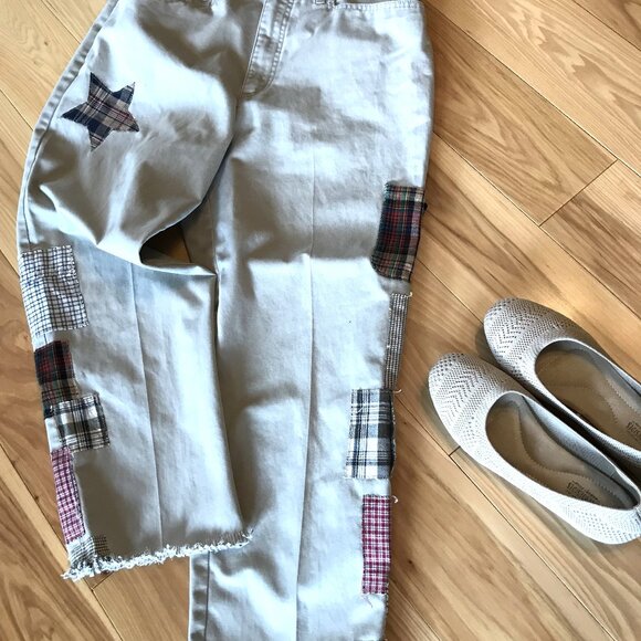 Upcycled Cropped Boho Patchwork Khaki Pants, Travel Leisure Women's Size 10 - Picture 12 of 14